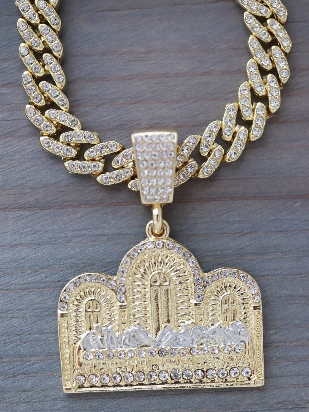 Last Supper Temple Design Pendant Iced Out Chain Necklace 18k Gold Plated